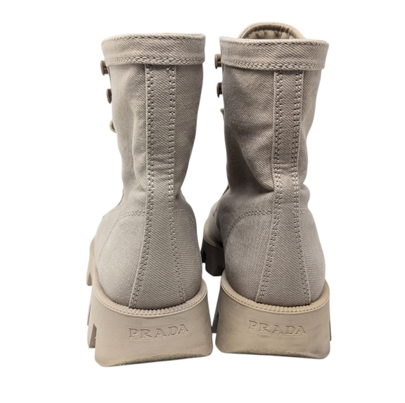 Prada Rocksand Light Beige Washed Denim Canvas Combat Lug Boots Size EU 38.5 - Picture 8 of 16
